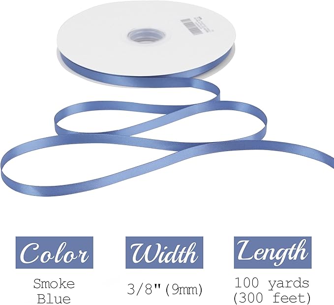 MEEDEE Blue Ribbon 3/8 Inch Smoke Double Faced Satin Silk Dusty Wedding Ribbon for Gift Wrapping, Hair, Lei Making, Card Making, 100 Yards