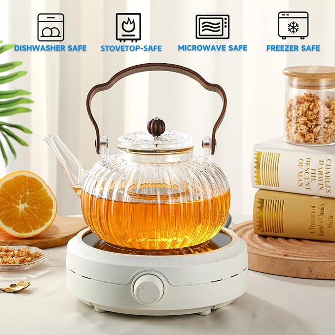 40OZ/1200ML Glass Pumpkin Teapot with Removable Infuser & Lid, Stovetop & Microwave Safe Clear Borosilicate Glass Tea Maker Water Kettle for Loose Leaf Blooming Tea