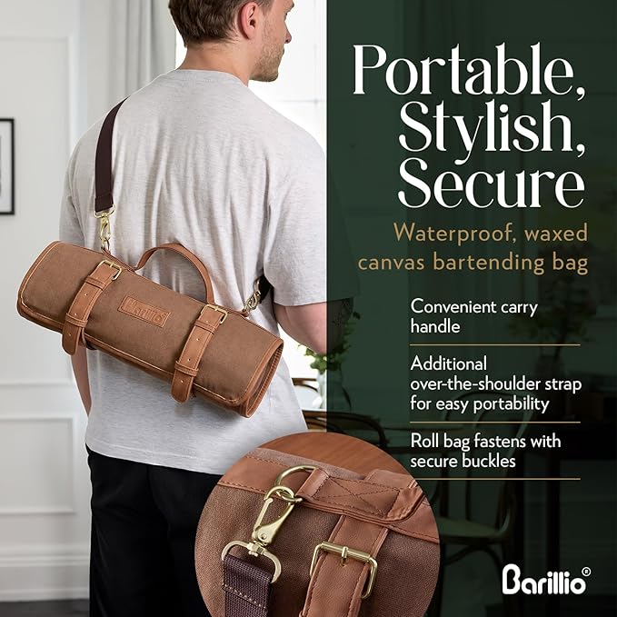 Barillio Bartender Kit Bag with Gold Cocktail Shaker Set - Waxed Canvas, Traveling Bar Tools Bag with 17-Pc Cocktail Kit - Travel Mixology Bartending Kits - Mobile Bar Roll with Strap & Accessories
