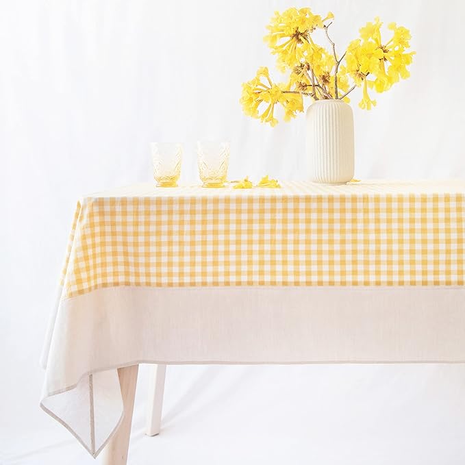 MONDAY MOOSE Gingham Checkered Farmhouse Rustic Picnic Style Decoration Rectangle Natural Stonewashed Cotton Tablecloth for Kitchen, Dining Room, Restaurant (55x70 inch, Yellow/Beige)