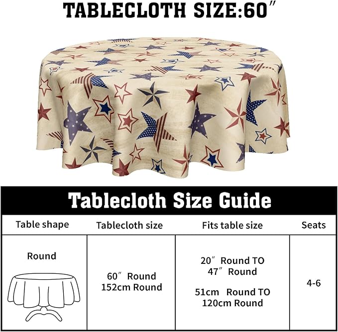 4th of July Round Tablecloth 60 Inch Patriotic Vintage Red and Blue Star Memorial Day Polyester Table Cloth Independence Day Table Cover for Kitchen Dinner Home Decor