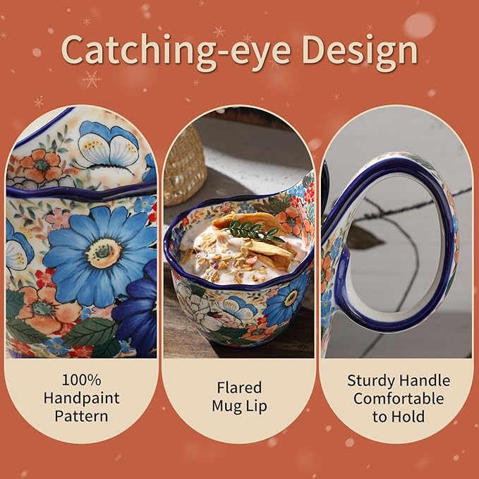 ALMA 2025 Updated Microwavable Soup Bowl with Large Long Handle,18oz Soup Bowl Giftable for Women,Unique Cereal Bowl for Soup,Yogurt,Snack,Chip,Stew,Ice cream-Wildflower Waltz Theme