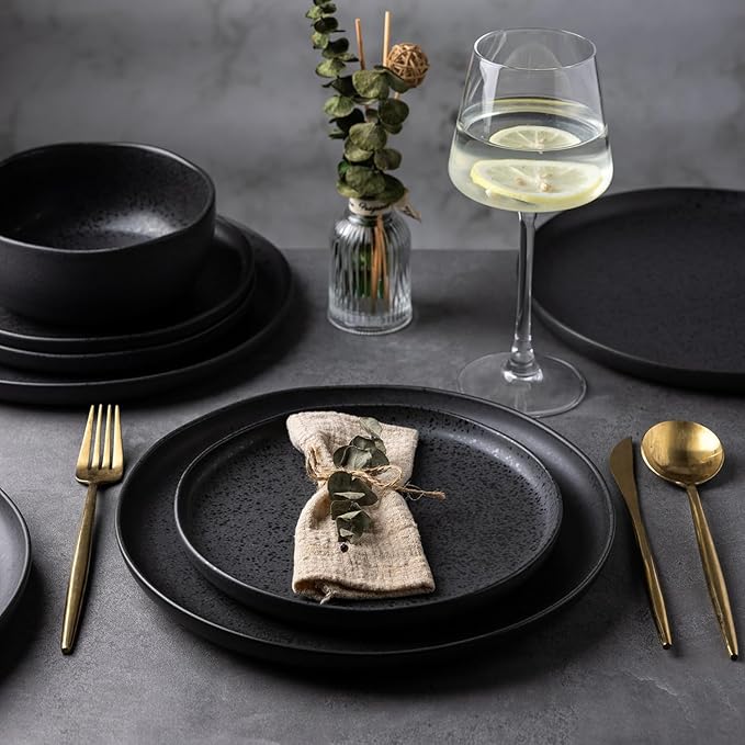 AmorArc Ceramic Dinnerware Sets, Wavy Rim Stoneware Plates and Bowls Sets,Dishwasher & Microwave & Oven Safe Dishes set, Service for 6 (18pc)-Charcoal Matte