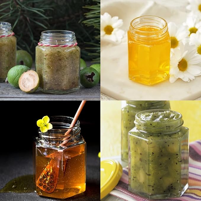 Keketin 4 oz Hexagon Glass Jam Jars with Gold Lids,30 Pack Canning Jars for Jams,120ml Small Glass Honey Jar for Food Storage,Spices,Sauces,Baby Foods,Wedding Favors and Jars Crafts