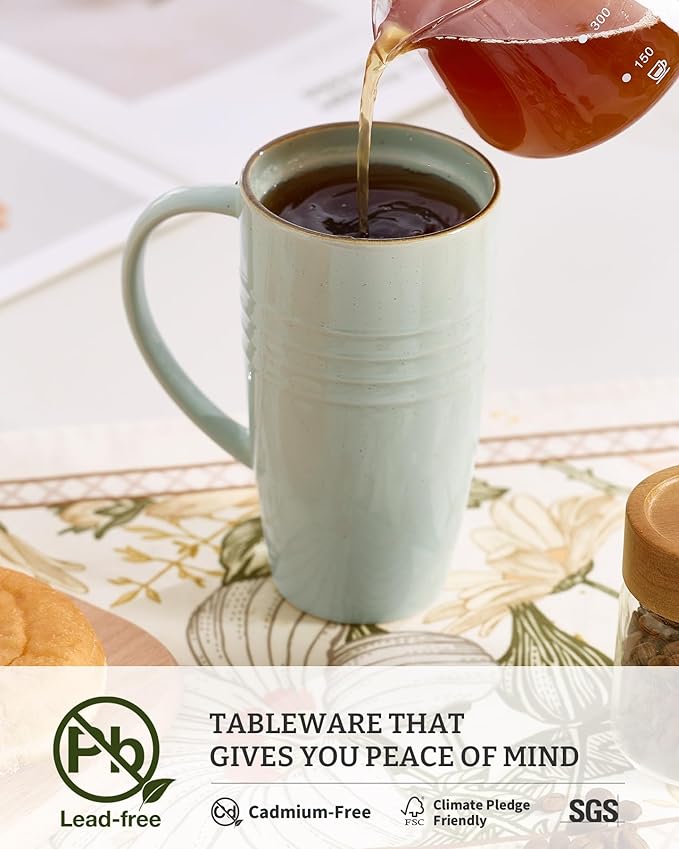 famiware Jupiter Large Coffee Mug, 20oz Coffee Mug with Lid, Ceramic Cup with Handle for Latte, Tea, Cocoa, Milk, Home & Office, Microwave and Dishwasher Safe, Light Green