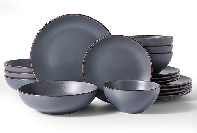 Famiware Venus Speckled Dinnerware Set with Pasta Bowls, Service for 4 (16 Pieces), Stoneware Plates and Double Bowls Sets, Microwave & Dishwasher-Safe Dishes with Trim, Matte Charcoal