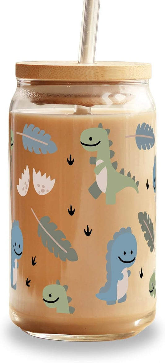 Sip-Sip Hooray! Cute Dinosaur Coffee Cup With Lid and Straw, 16oz Glass Baby Dino Gift, Dino Can Gift for Girlfriend, Trex Beer Can
