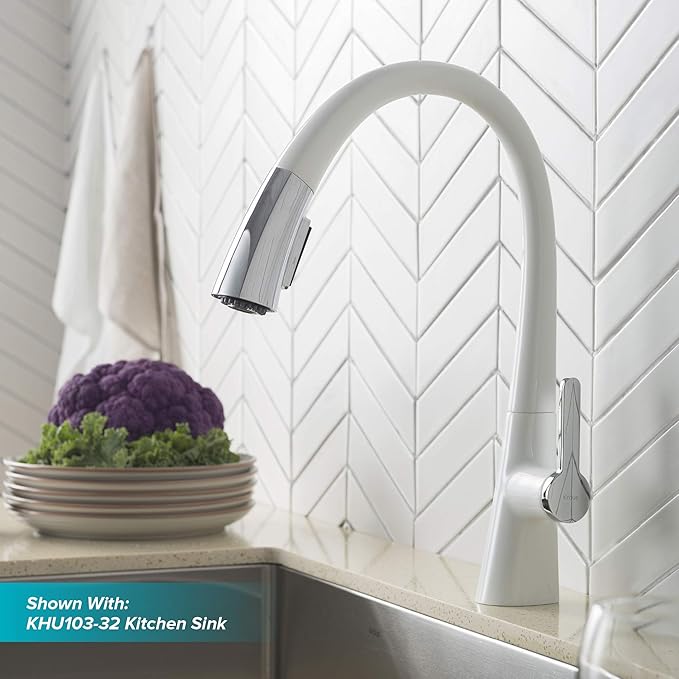Kraus KPF-1673CHWH Nolen Dual Function Pull, Faucets for Kitchen Sinks, Single-Handle, 16 3/8 Inch, Matte White/Chrome