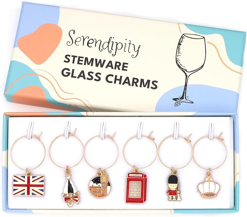 Serendipity British Wine Charms, British Gift, Set of 6 Wine Glass Markers Include: The Union Jack Flag, Royal Crown, Umbrella, British Soldier, Big Ben, Tea Cup, London Themed Gifts