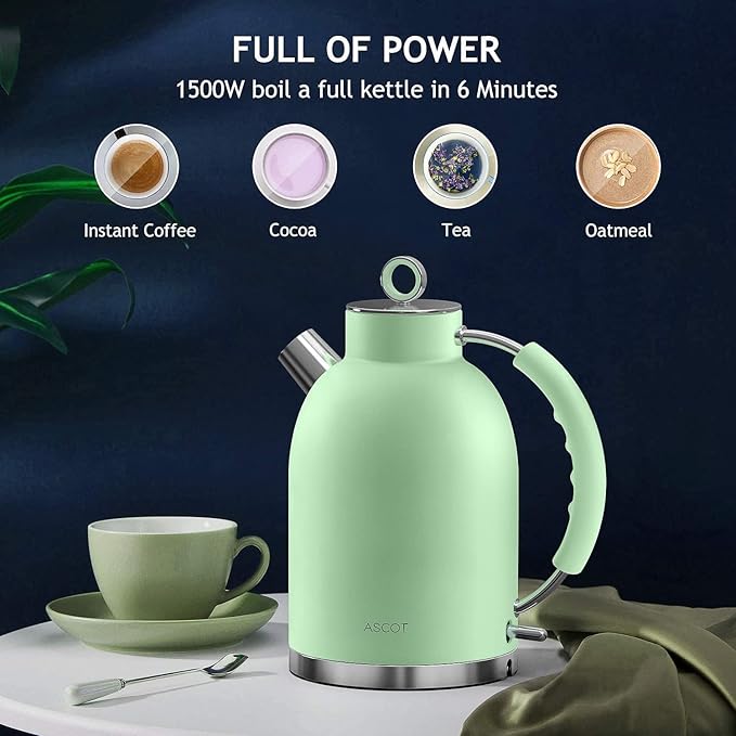 ASCOT Electric Kettle, Stainless Steel Tea Boiler 1.6qt 1500W Retro Tea Heater & Boiling Kettle, Auto Shut-Off and Boil-Dry Protection(Matte Green)