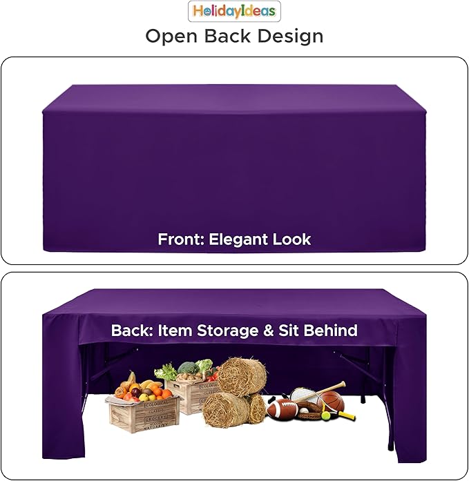HolidayIdeas Open Back Fitted Tableclothss for 8 Foot Rectangle Table, Wrinkle Resistant Washable Table Covers 96x30 Inch for Craft Fairs, Banquets, Trade Show Display, Purple,4 Pcs