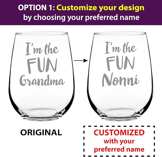 Custom Fun Grandma – Funny Stemless Wine Glass, Large 17 Ounce Size, Etched Sayings, Gift Box - Parent - Customized Glasses