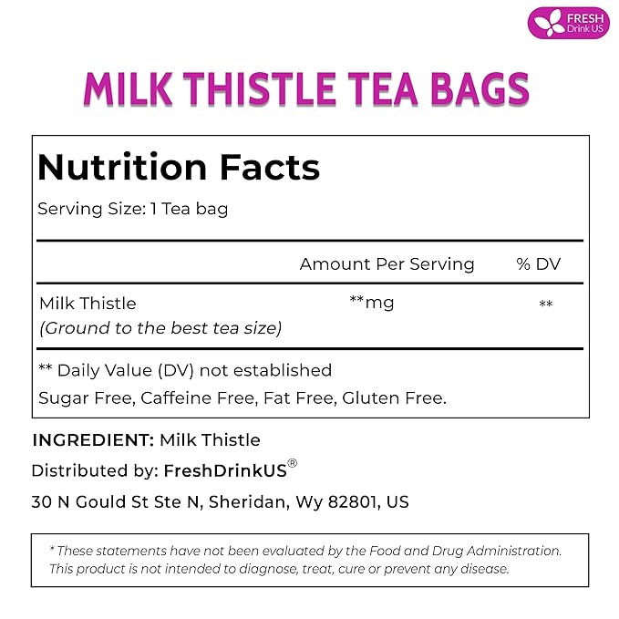 FreshDrinkUS, Premium 75 Milk Thistle Tea Bags, 100% Natural & Pure from Milk Thistle Seeds. Milk Thistle Seed Herbal Tea. Made with Natural Material Tea Bags. No Sugar, No Caffeine, No Gluten, Vegan.