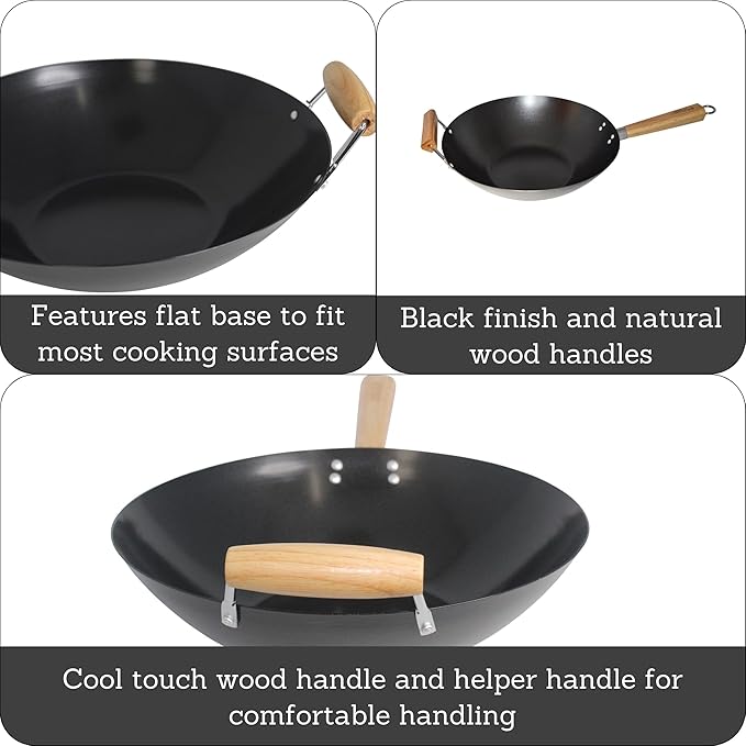 IMUSA 14in Carbon Steel Nonstick Wok with Wood Handles, Black