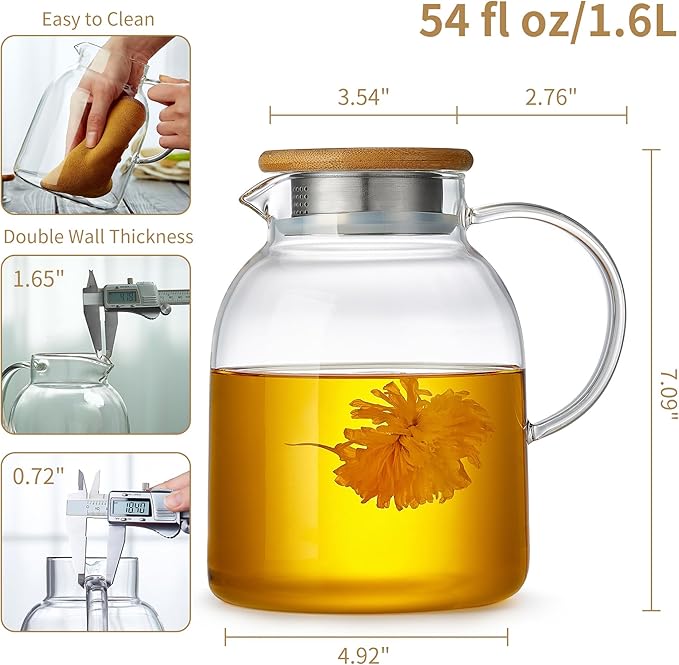 Unbreakable Glass Teapot, Stovetop Safe, Thickened Heat Resistant Borosilicate Glass, 54 fl oz Large Glass Tea Pot with Infuser and Lid
