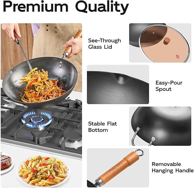 WANGYUANJI 12.6" Flat-Bottom Iron Wok with Glass Lid, Uncoated Stir-Fry Pan, Fast-Heating Refined Iron, Induction/Gas/Electric Compatible, Wooden Handle (Seasoning Required)