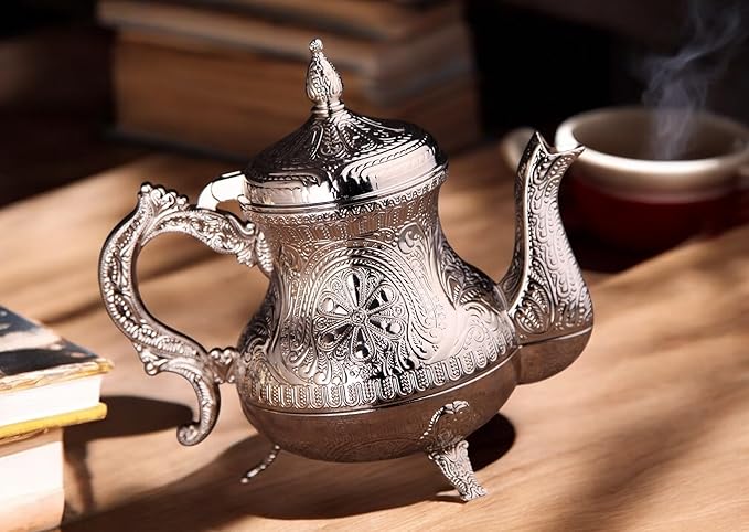 Alisveristime Decorative Zamac Pitcher – Vintage Ottoman-Style Teapot, Ornate Metal Design (7.9 x 7.9 x 5.1 in, 1.85 lbs, 28.7 fl oz) (Silver)