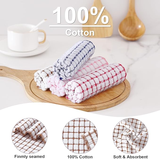 Kitinjoy Cotton 12 Pack Kitchen Towels and Dishcloths Sets, 16 x 25 Inch & 12 X 12 Inch Dish Towels Bulk, Super Soft and Absorbent Hand Towels for Kitchen Drying, Brown