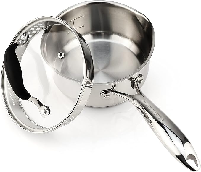 AVACRAFT Stainless Steel Saucepan with Glass Strainer Lid, Two Side Spouts for Easy Pour with Ergonomic Handle, Multipurpose Sauce Pot (5-Ply Capsule Bottom, 1.5 Quart)