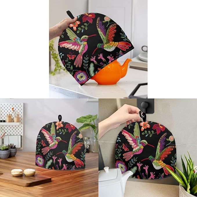 Tea Cozy for Teapots with Handle, Hummingbird & Floral Print Dust Insulated Cover, Hanging Fold-Up Design, Suitable for Kitchen and Living Room Table Decoration