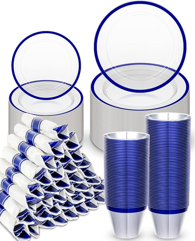 350PCS Plastic Clear Blue Plates for Party, Disposable Dinnerware Set for 50 Guests,100 Plastic Plates, 50 Cups, 50 Pre-Rolled Napkins with Cutlery for Party, Christmas, Wedding