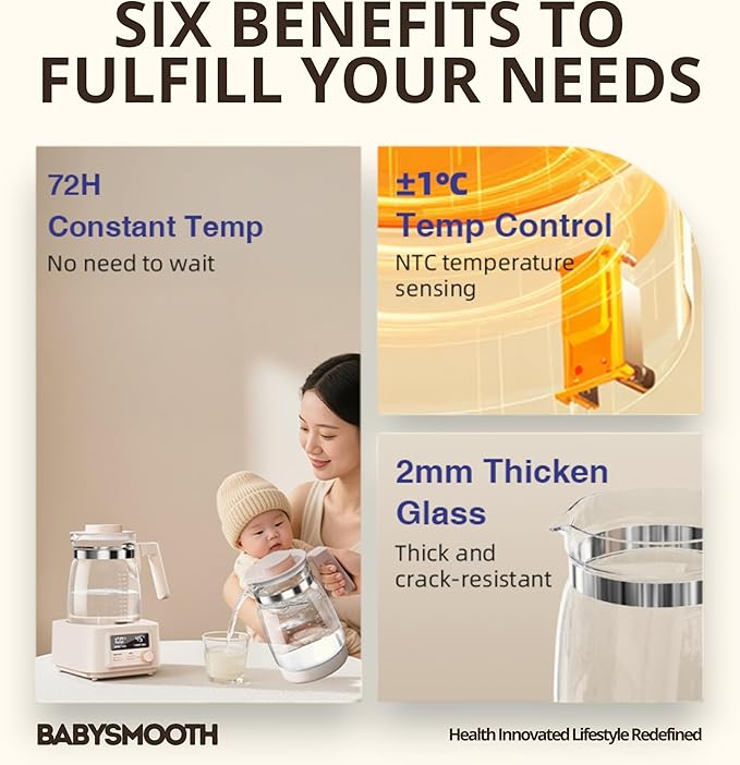 Babysmooth Smart Kettle Pro Electric Glass Kettle, 1.3L Capacity, Digital LED Display, Temperature Control 40-100°C, Auto Keep Warm Function, Silent Operation, Beige, for Tea and Coffee Brewing