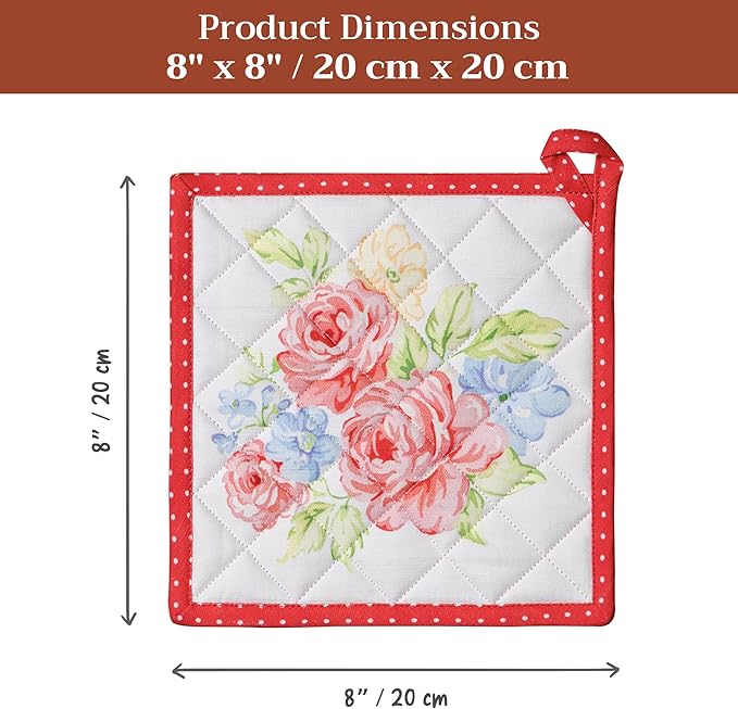 Maison d' Hermine Pot Holders 100% Cotton Heat Resistant Potholders 8" x 8" Hot Pads with Loop BBQ, Cooking, Baking, Grilling, Kitchen, Handling Hot Pans Spring/Summer (Pack of 1,Vintage Floral)
