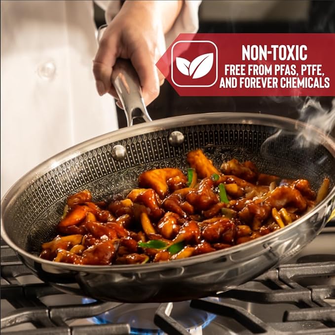Hell's Kitchen Hybrid 12” Wok Pan, Tri-Clad Stainless Steel and Nonstick Ceramic, PFAS Free, no PFOA, no PTFE, no Teflon, Non Toxic Cookware, Metal Utensil Safe, All Cooktops and Oven Safe