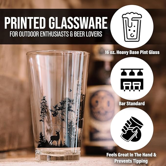 Black Lantern Nature Themed Pint Glasses Set of 2 – Pine Tree Forest Landscape Hand-Printed Beer Glass Set - 16oz. Capacity