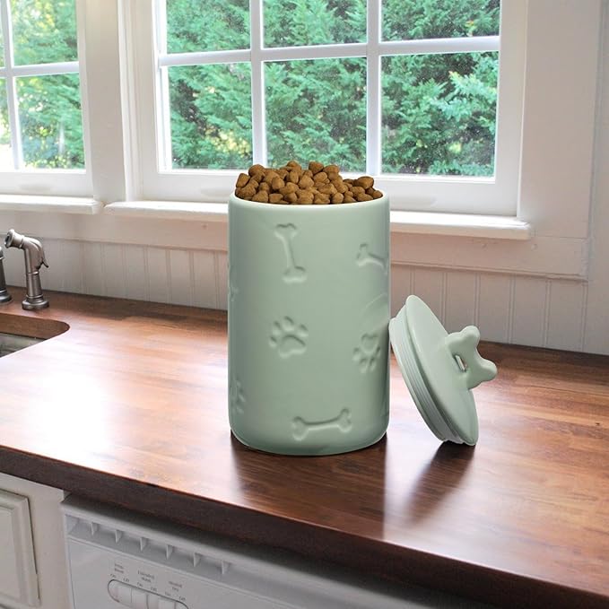 Dog Treat Container Airtight - 9"x5" Green Large Ceramic Dog Treat Jar for Kitchen Counter, Dog Cookie Jar with Lid - Farmhouse Style Dog Food Storage Container for Dogs, Cats, Pets