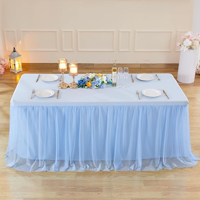 8ft Baby Blue Tulle Tablecloths for Rectangle Tables Light Blue 8 Foot Rectangular Table Cloth Wrinkle Free Table Cover with Tutu Skirt for Baby Shower Boy Birthday Party Banquet Buffet Cake