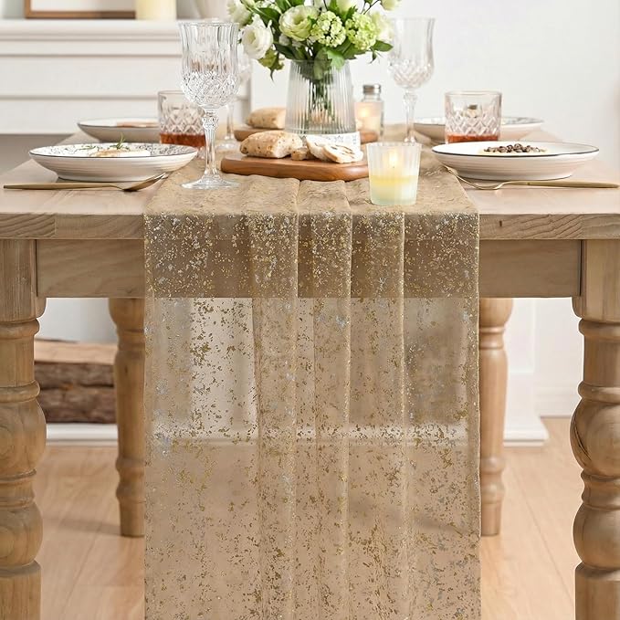 Artoid Mode Coffee Gold Gauze Table Runner 120 Inch 10FT, Glitter Metallic Foil Sheer Dining Wedding Anniversary Holiday Birthday Table Decor for Home Party