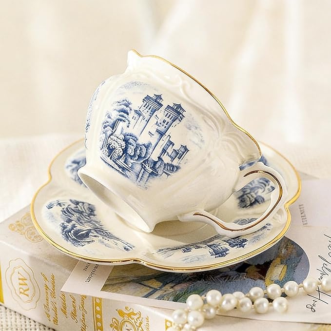 KAMMAK Tea Cups and Saucers Set of 2, Porcelain Coffee Cups, 8-Ounce Stackable Espresso Mugs, Ceramic Demitasse for Coffee, Latte, Americano, Tea, Retro Blue