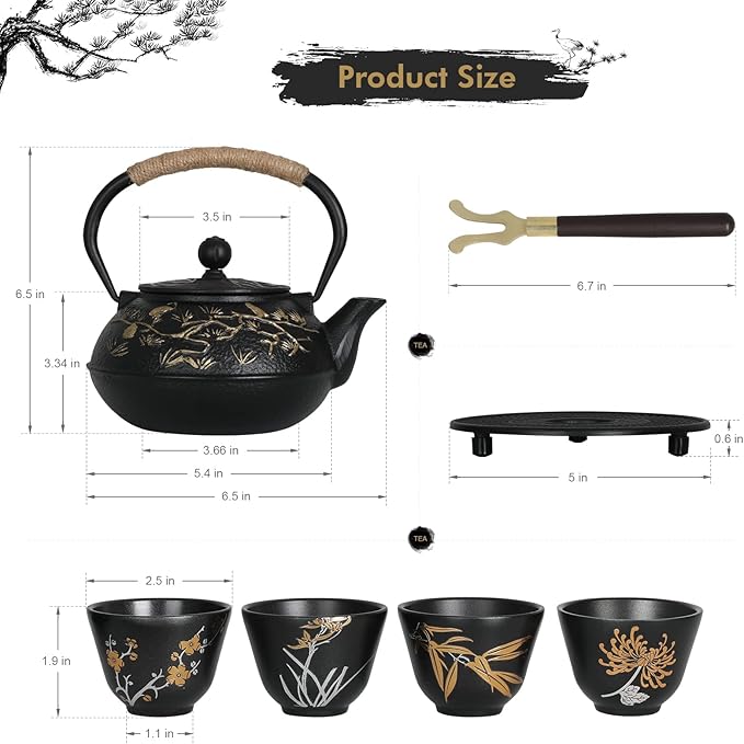 RekRang Longevity Crane Cast Iron Teapot, Japanese Style Tetsubin Tea Kettle with 4 Cups, Removable Infuser and Trivet, Antique Cast Iron Tea Set for Stove, 800ml, 28Ounce