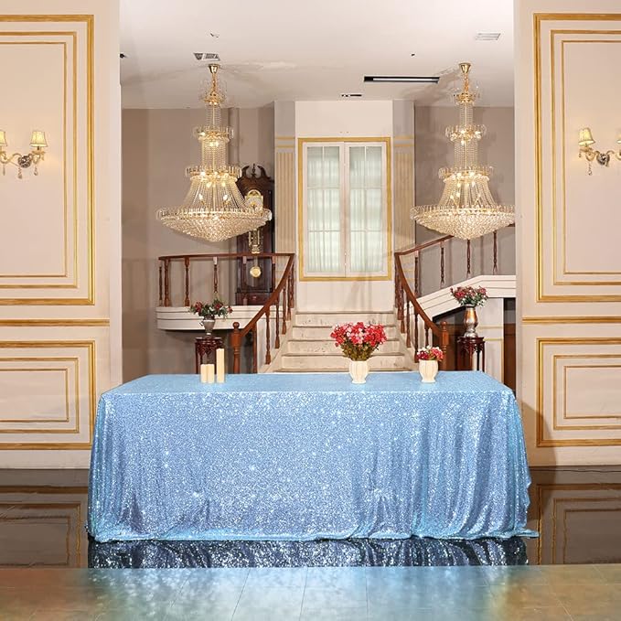 Eternal Beauty Baby Blue Tablecloth, 90x132 Inch Sequin Rectangle Table Cover for Cake Dessert Exhibition Party Birthday Events