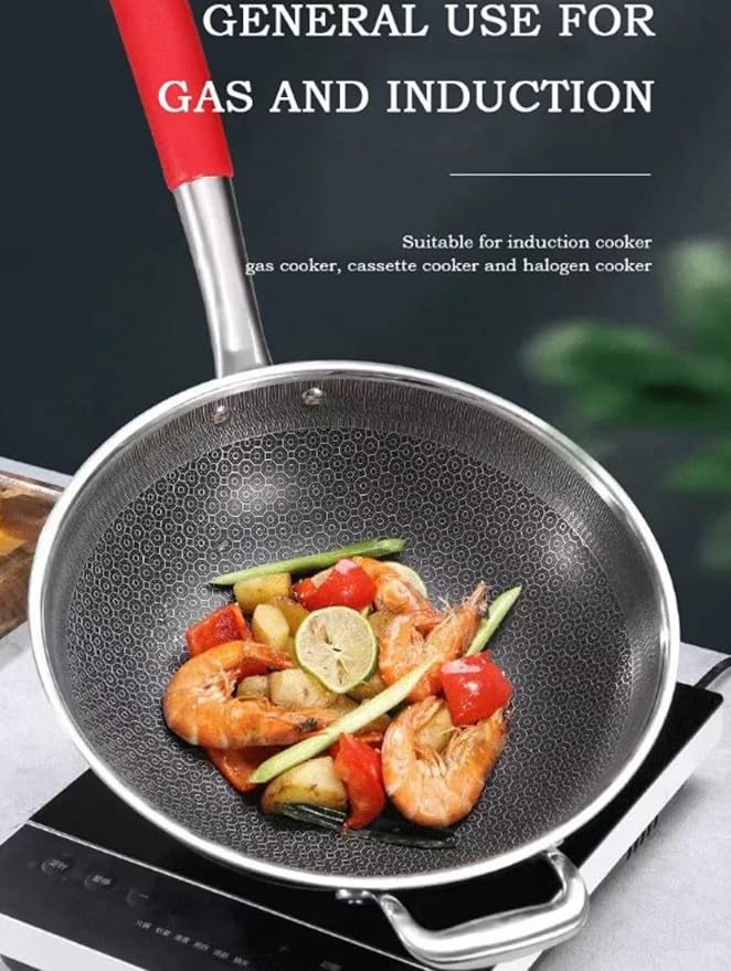 Honeycomb Wok 12 inch Pan with Lid, nonstick stir fry with silicone handles, Hybrid stainless steel cooking frying pan, dishwasher safe.