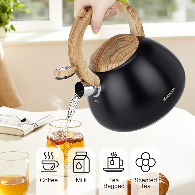 MARSKITOP Tea Kettle for Stove Top, Whistling Kettle Teapot for Stovetop, Food Grade Stainess Steel Teakettle with Cool Touch Ergonomic Handle, 2.6 Quart, Black