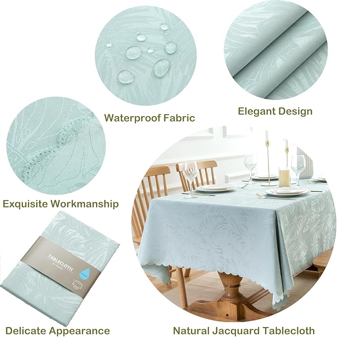 Rectangle Tablecloth Jacquard Luxury Table Cloth Waterproof Washable Leaves Silky Soft Woven Fabric Cover for Kitchen Dinning Outdoor Birthday Party Banquet Decor (Aqua,60x84In)