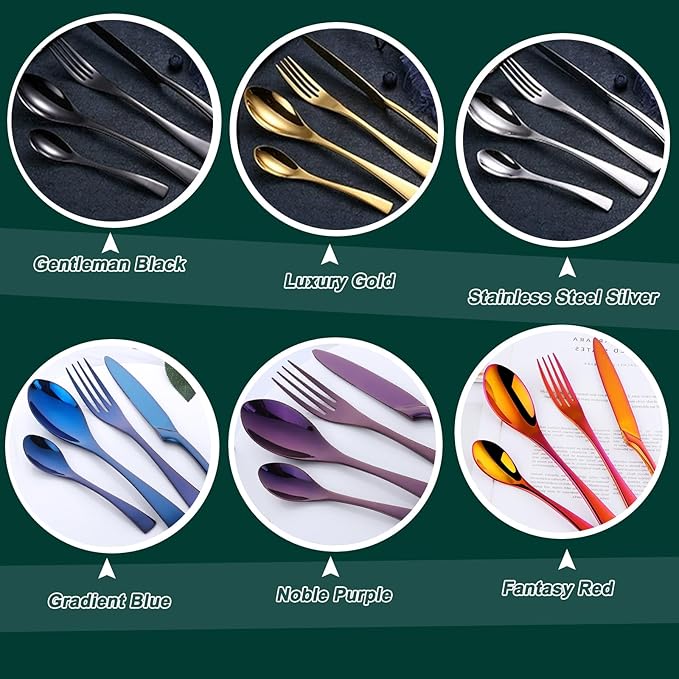 Personalized Cutlery Set (4 Pieces), 18/10 Flatware Set, 6 Colors and Multiple Fonts Available for Customized, Personalized Tableware Sets With Name, Dishwasher Safe Silverware Set