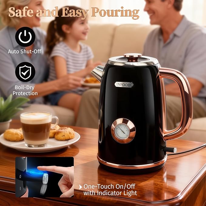 INFOOD Retro Electric Kettle 1.7L/57oz with Thermometer - 1500W Fast Boiling Stainless Steel Hot Water Tea Kettle, BPA-Free, Cordless, Auto Shut-Off, Boil-Dry Protection, Black