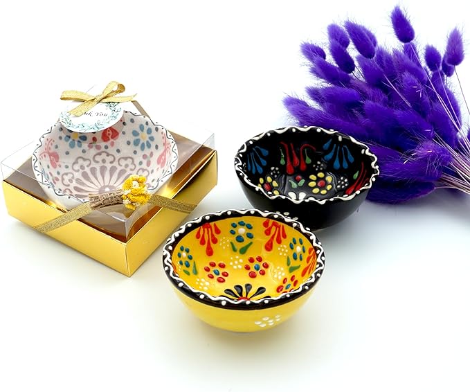 Bridal shower favors, 16 Set of Ceramic Bowls, Wedding Favors for Guests Bulk, Baby Shower Favors Bulk, Mexico Wedding Party Favors, 3.14 inches dimension (Gold Box)