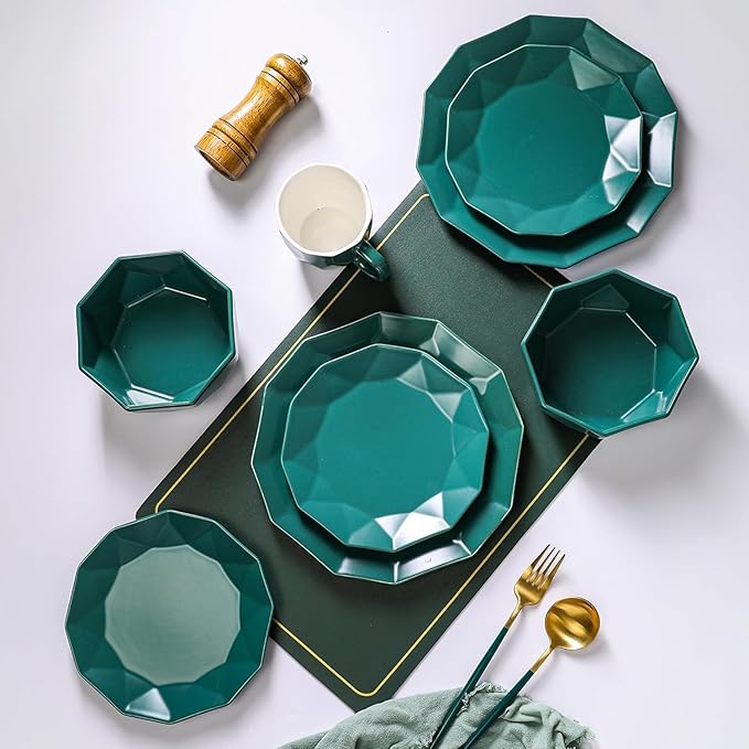 Stone + Lain Jamie Porcelain 16-Piece Geometric Dinnerware Set, Green