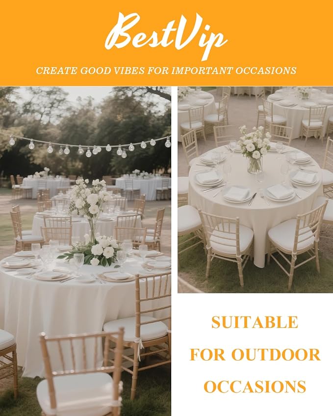 BESTVIP 6 Pack 120" Ivory Round Fabric Tablecloths - Polyester Washable Decorative Table Cloth Cover for Wedding, Reception, Banquet, Birthday, Parties, Buffets, Restaurant