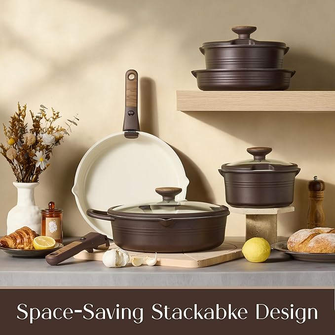 CAROTE 20Pcs Titanium Cookware Set, Pots and Pans Set Non Stick, Kitchen Cooking Set with Detachable Handle, Non Toxic Induction Cookware, Dishwasher/Oven Safe, Browm