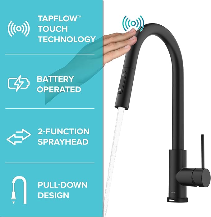 KRAUS Oletto Contemporary Single-Handle Touch Kitchen Sink Faucet with Pull Down Sprayer in Matte Black, KTF-3104MB