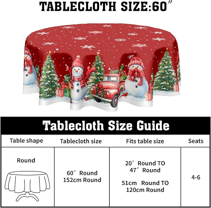 Round Christmas Tablecloth 60 Inch Xmas Red Snowman Truck Tree Snowflake Circle Table Cloth Winter Holiday Decorative Table Cover for Kitchen Dinner Home Decor