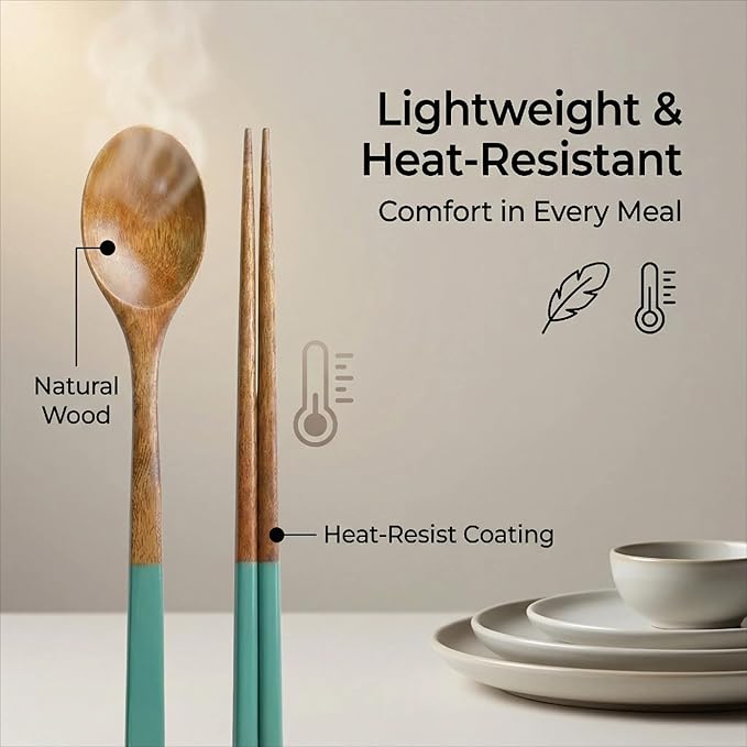 Handmade Wooden Cutlery Set by Diulazin - 4PCS Reusable Spoon and Chopsticks, High-Grade for Daily Use, Parties, Banquets, Buffets, Catering - Eco-Friendly, 9 Inch (Style B)