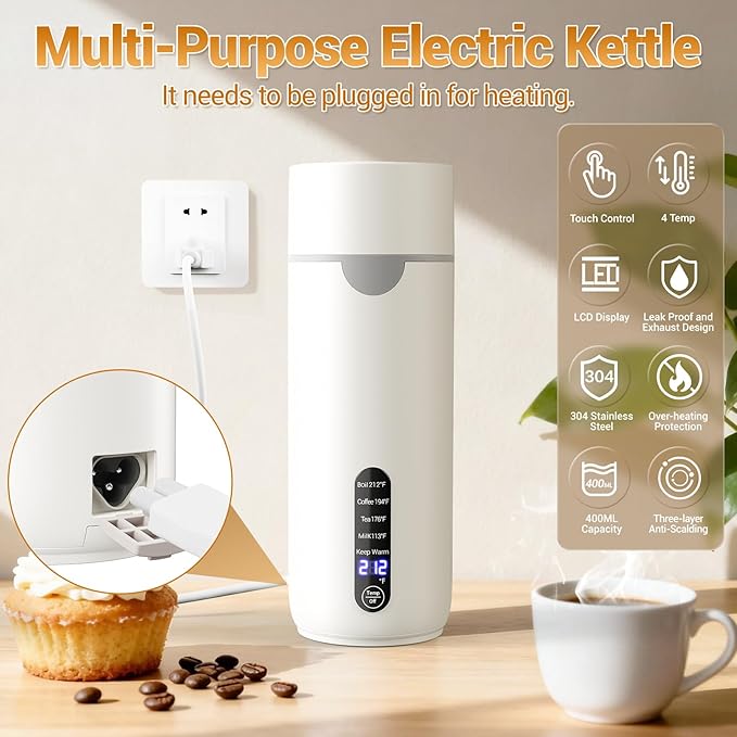 Travel Kettle, Portable Travel Tea Electric Kettle for Hot Water, Small Kettle with 4 Temperature Controls, 304 Stainless Steel, Fast Boiling Water with Auto Shut-Off (White, 400ML)