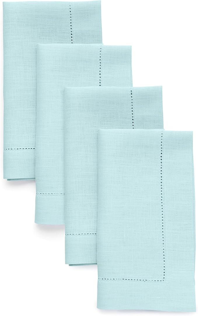Solino Home Aqua Blue Linen Napkins Set of 4-100% Pure Linen Hemstitch Dinner Napkins 20 x 20 Inch for Winter, Spring, Easter - Classic Hemstitch