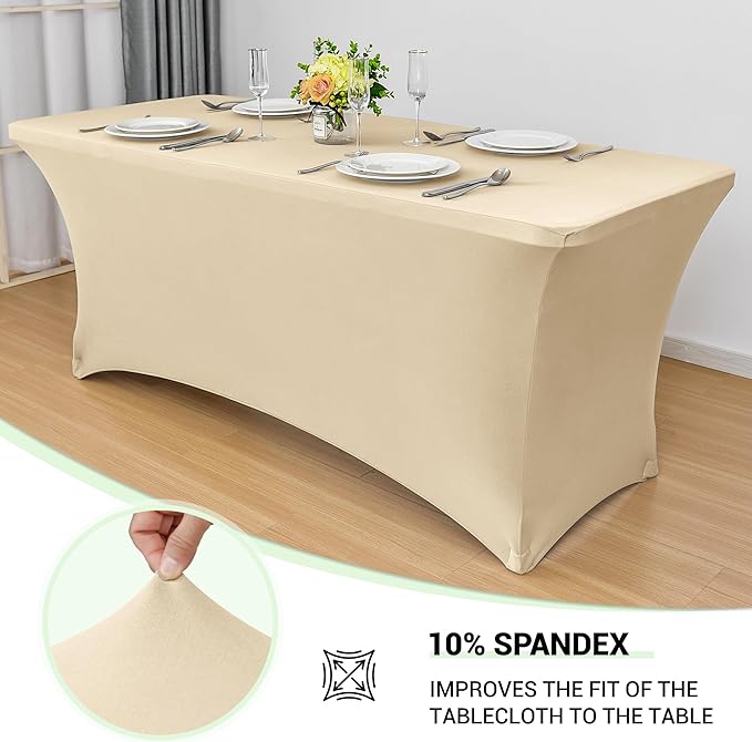 Obstal 6ft Stretch Spandex Table Cover for Standard Folding Tables - 2 Pack Universal Rectangular Fitted Tablecloth Protector for Wedding, Banquet and Party, 72L x 30W x 30H Inches, Champagne, 2pc